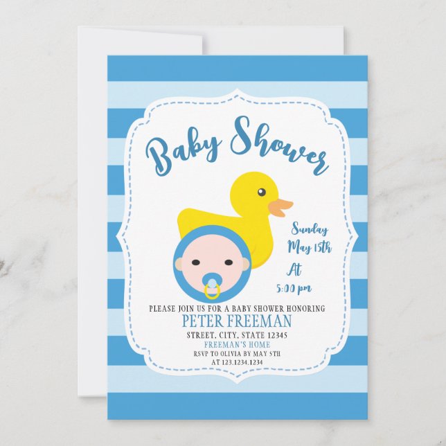 Invitación Baby Shower de Cuadrillo Azul y Pato de Goma Blanc (Anverso)