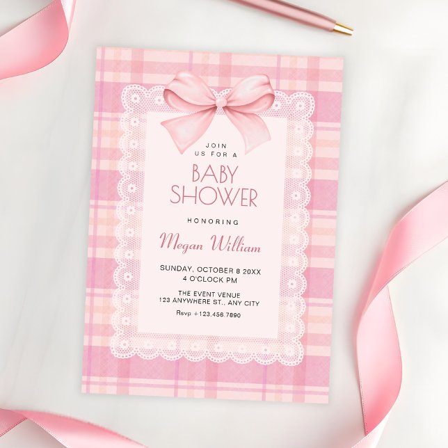 Invitación Baby shower de cuadros con lazo rosa (Subido por el creador)