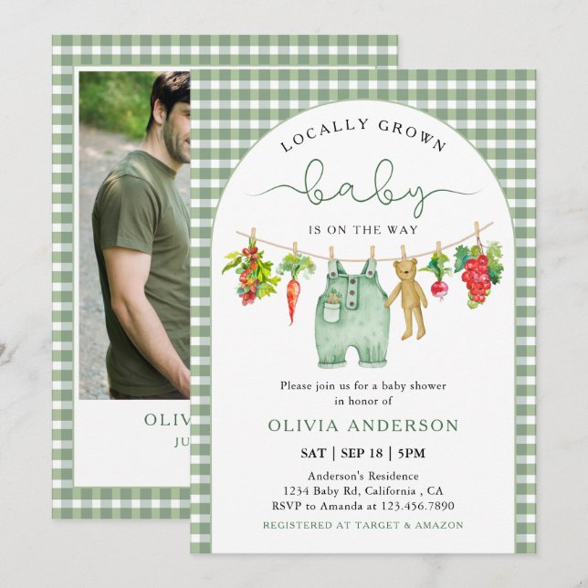 Invitación Baby Shower de Cuadros de Mercadillo de Granjero d (Anverso / Reverso)