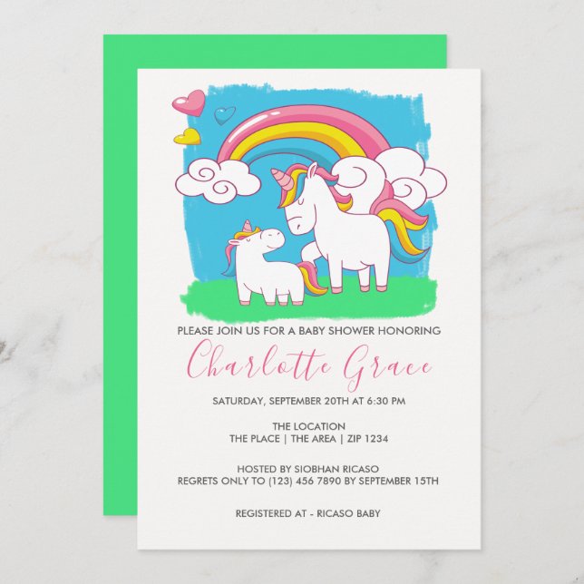 Invitación Baby Shower de Cubow Rainbow Unicorn (Anverso / Reverso)