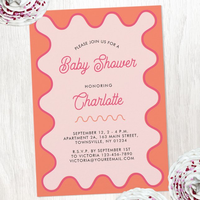 Invitación Baby Shower de curva Naranja rosa ondulada retro (Retro wavy pink orange curve modern baby shower invitation)