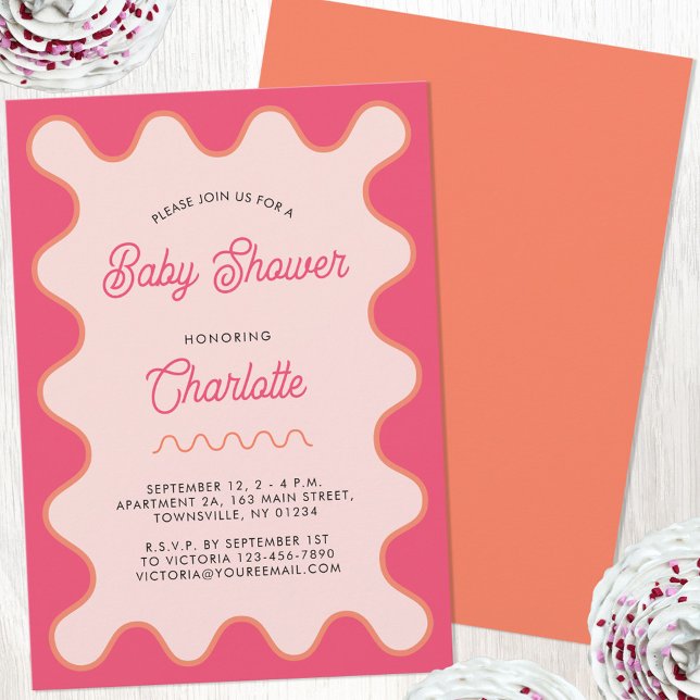 Invitación Baby Shower de curva rosa ondulada retro (Retro pink wavy curve modern personalized baby shower invitation)