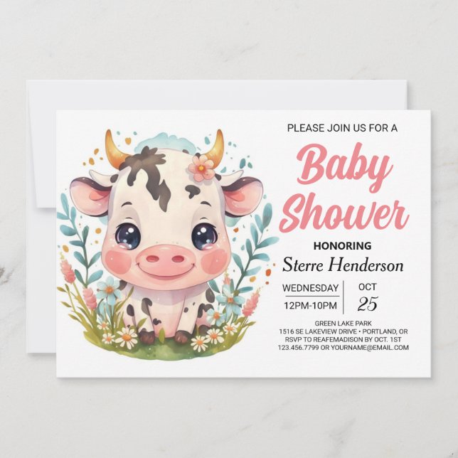 Invitación Baby Shower de Cute Barn Cow Imprimible (Anverso)