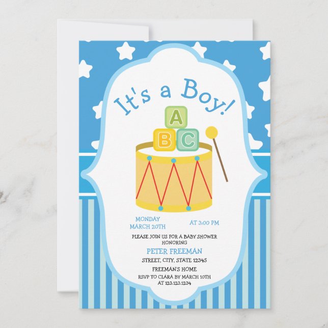 Invitación Baby Shower de Cute Blue and White Toyys Boy (Anverso)
