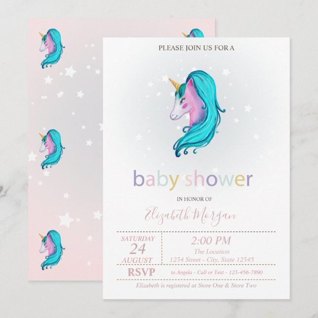 Invitación Baby Shower de Cute Unicorn Stars (Anverso / Reverso)