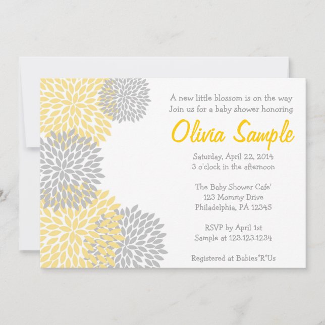 Invitación Baby Shower de Dahlia amarillo y gris (Anverso)