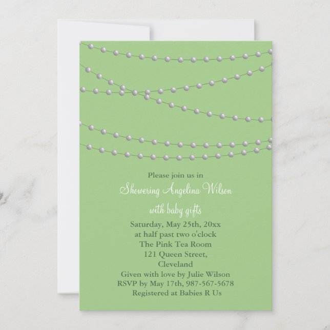 Invitación Baby Shower de Dainty Pearls (verde sua (Anverso)