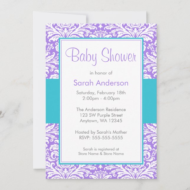 Invitación Baby Shower de Damasco azul morado y Verde azulado (Anverso)
