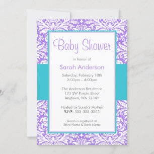 Invitación Baby Shower de Damasco azul morado y Verde azulado