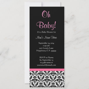 Invitación Baby Shower de Damasco negro de plumas rosadas