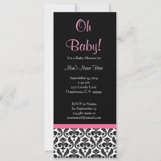 Invitación Baby Shower de Damasco negro de plumas rosadas