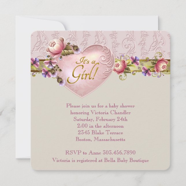 Invitación Baby Shower de damasco rosa de flor de marfil de c (Anverso)