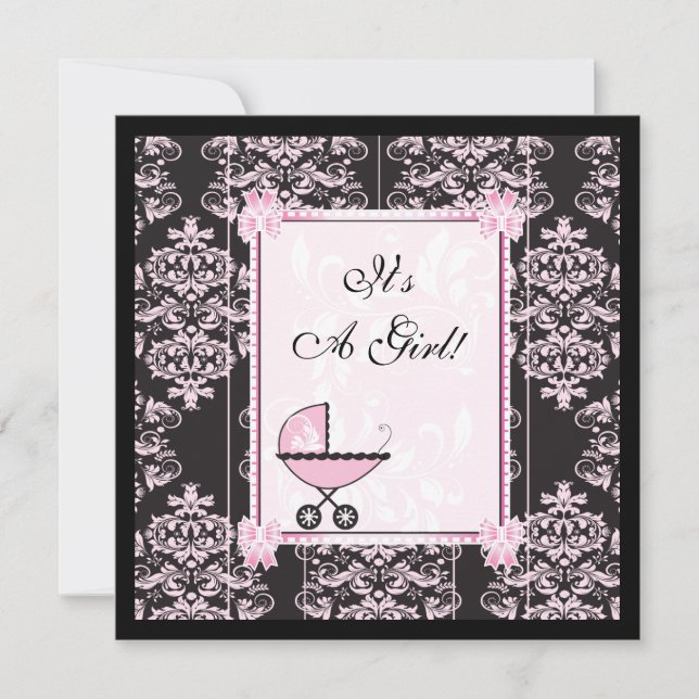 Invitación Baby Shower de Damask rosa y Negro (Anverso)