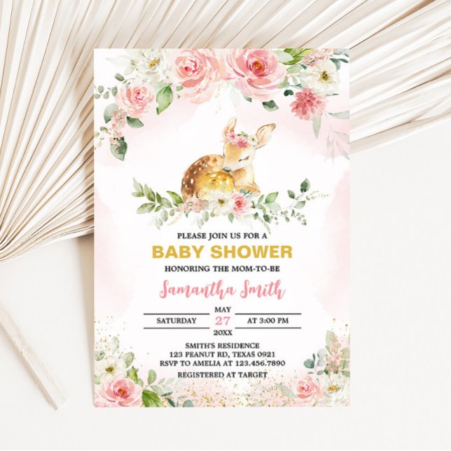 Invitación Baby Shower de Deer Floral Rosa (Girl Floral Deer Baby Shower Invitation)