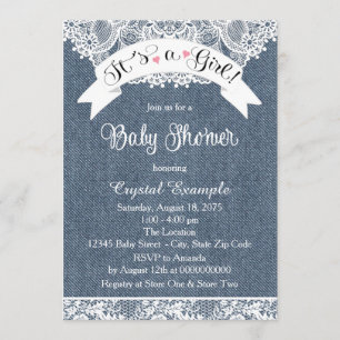 Invitación Baby Shower de denim azul y encaje