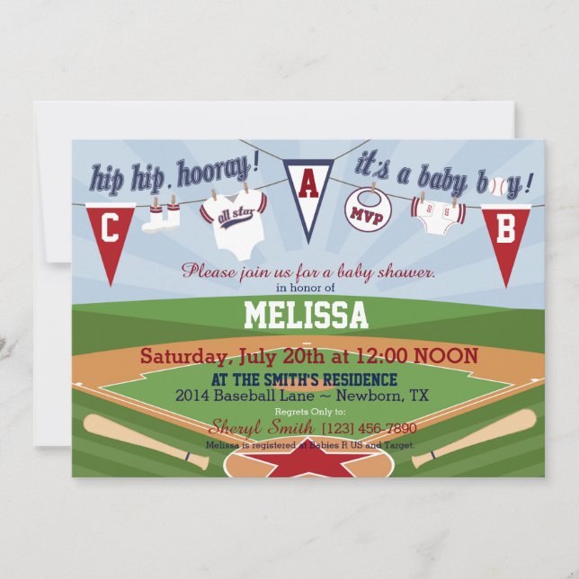 Invitación Baby Shower de deportes de béisbol (Anverso)