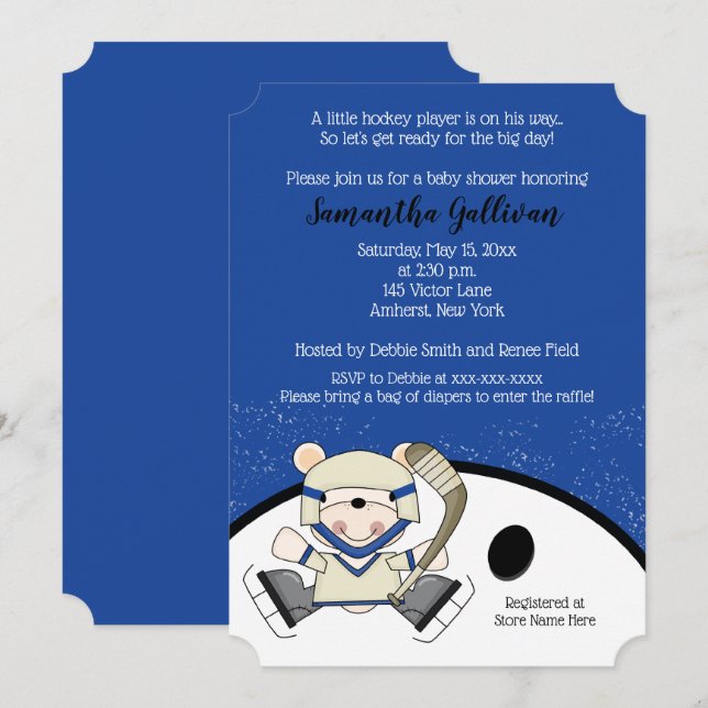 Invitación Baby Shower de deportes de hockey sobre oso polar (Anverso / Reverso)