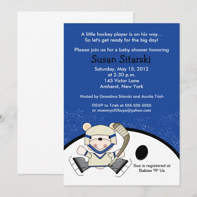 Invitación Baby Shower de deportes de hockey sobre oso polar (Anverso / Reverso)