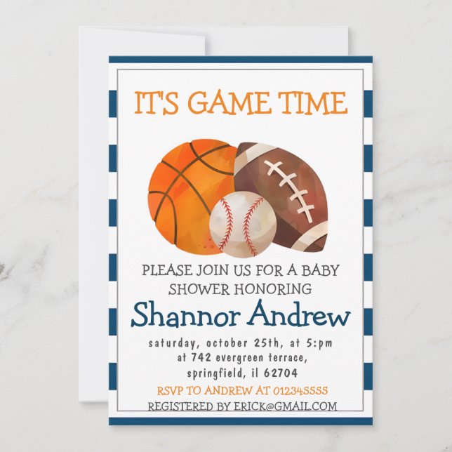 Invitación Baby Shower de deportes simple y personal (Anverso)
