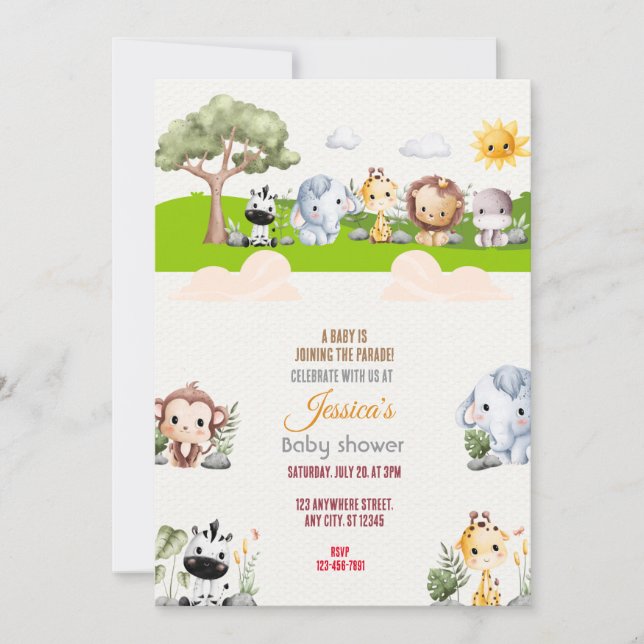 Invitación Baby Shower de desfile de animales (Anverso)