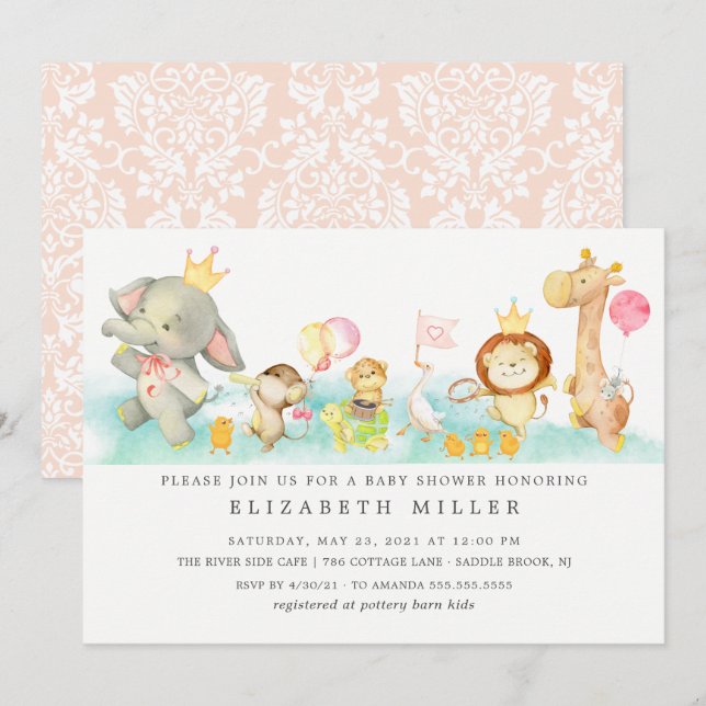 Invitación Baby Shower de desfile de animales para bebés dulc (Anverso / Reverso)