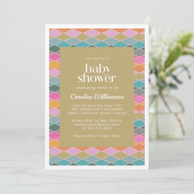 Invitación Baby Shower de diamantes geométricos modernos y co (Anverso de pie)