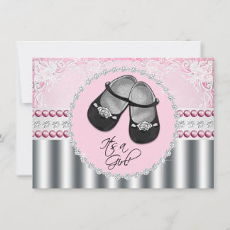 Invitación Baby Shower de diamantes rosados y perlas de bonit