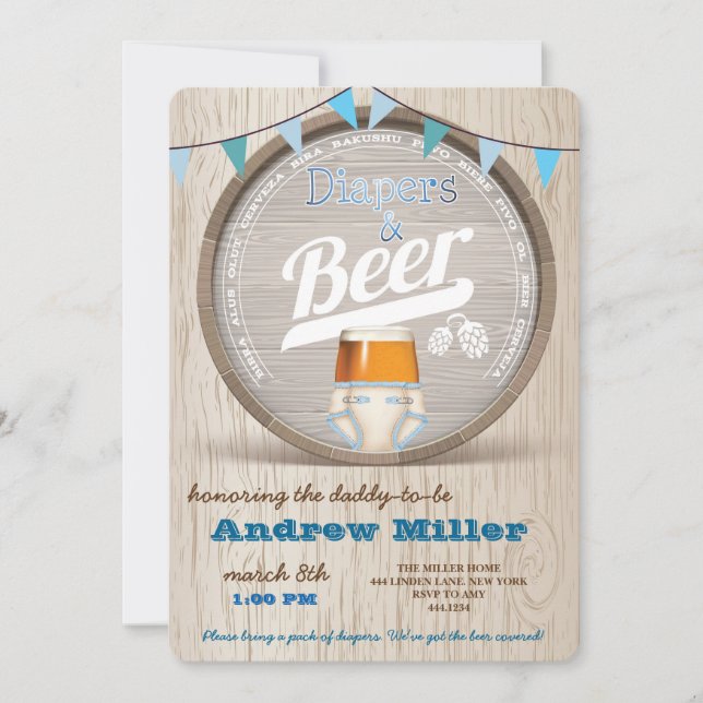Invitación Baby Shower de Diapers and Beer Boy (Anverso)