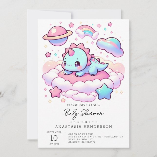 Invitación Baby Shower de dinosaurio mágico personalizado (Anverso)