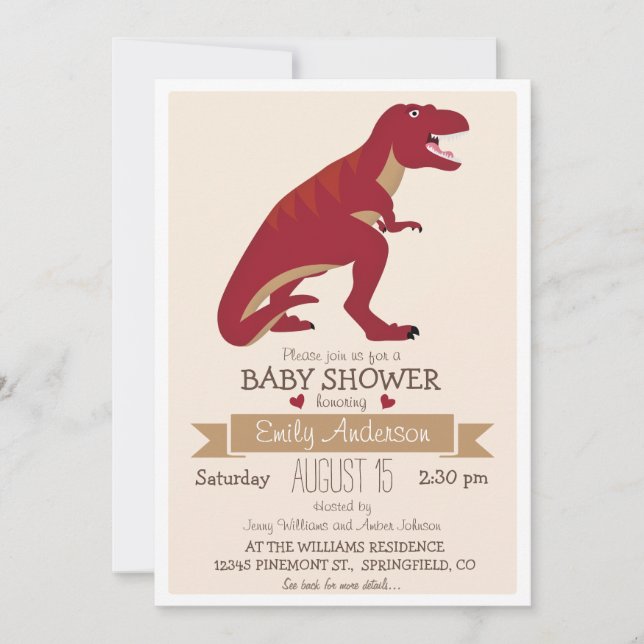 Invitación Baby Shower de dinosaurio rojo T-Rex o Sprinkle (Anverso)