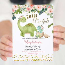 Invitación Baby Shower de dinosaurio tropical rosa floral