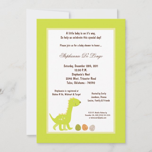 Invitación Baby Shower de dinosaurios 5x7 (Anverso)