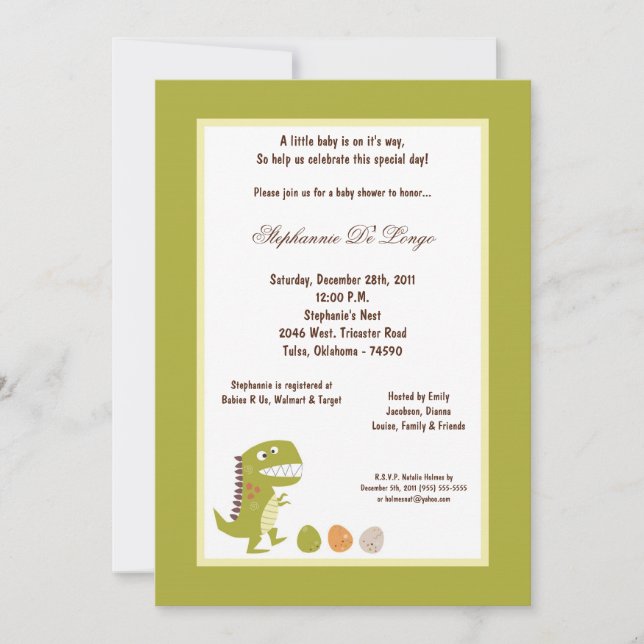 Invitación Baby Shower de dinosaurios 5x7 (Anverso)