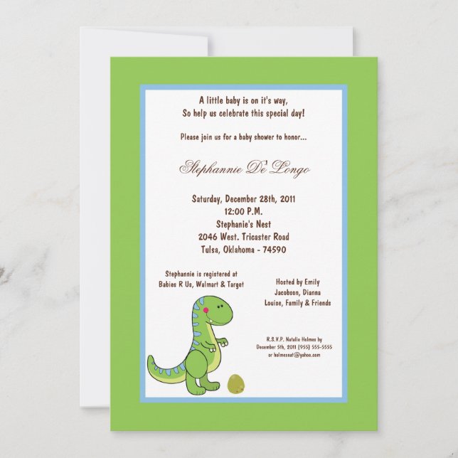 Invitación Baby Shower de dinosaurios 5x7 (Anverso)