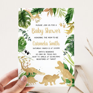 Invitación Baby Shower de dinosaurios dorados