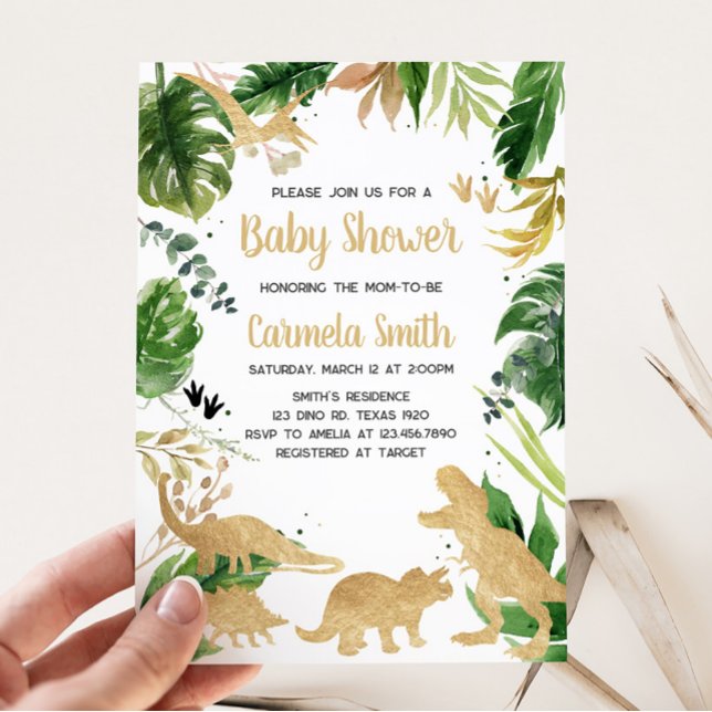 Invitación Baby Shower de dinosaurios dorados (Baby Boy Dinosaur Baby Shower Invitation)