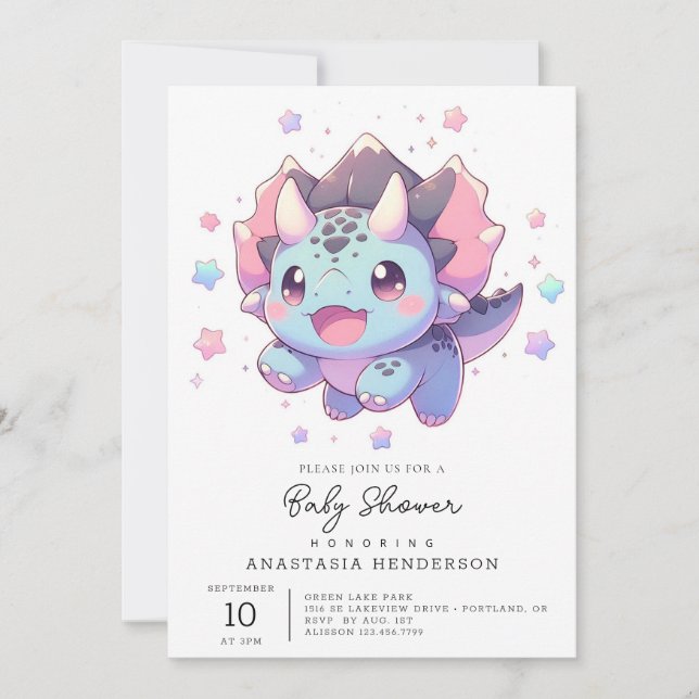 Invitación Baby Shower de dinosaurios dulces míticos (Anverso)