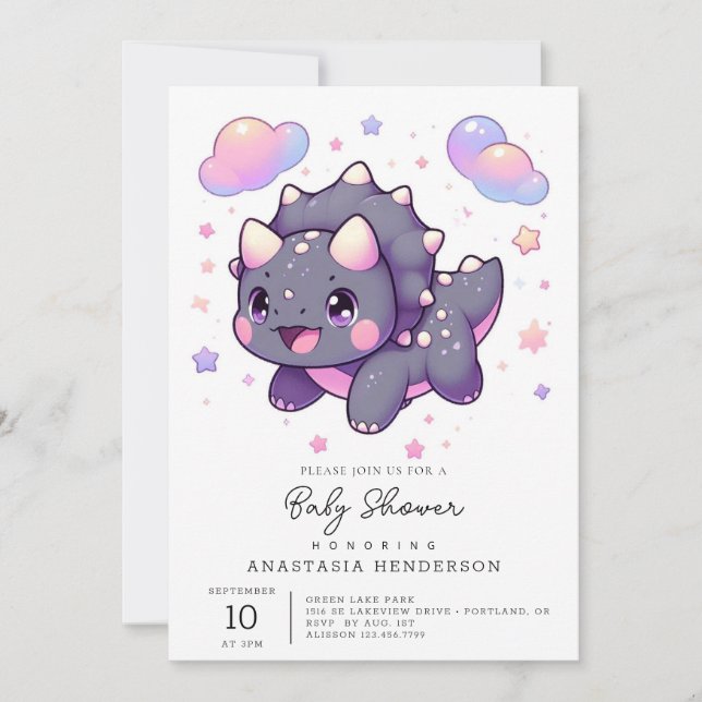 Invitación Baby Shower de dinosaurios modernos encantados (Anverso)