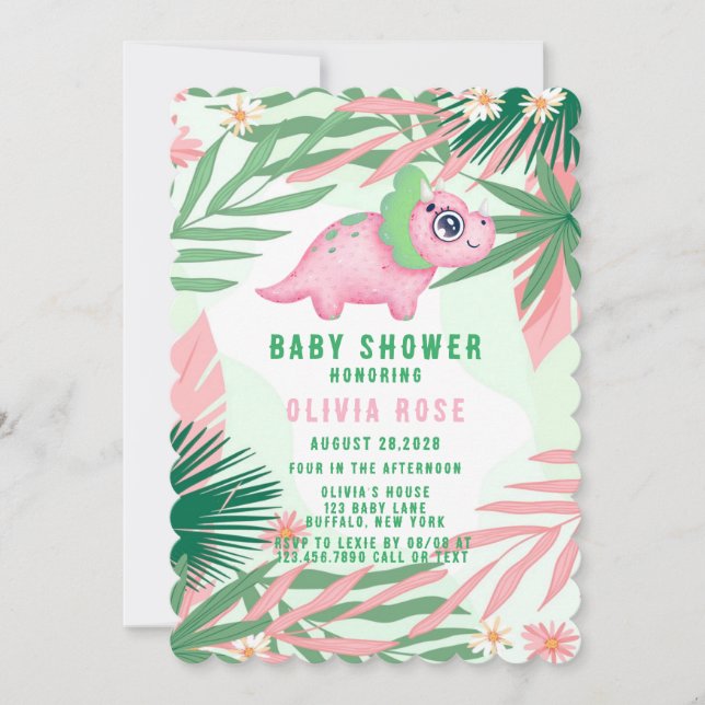 Invitación Baby Shower de dinosaurios rosados y verdes (Anverso)