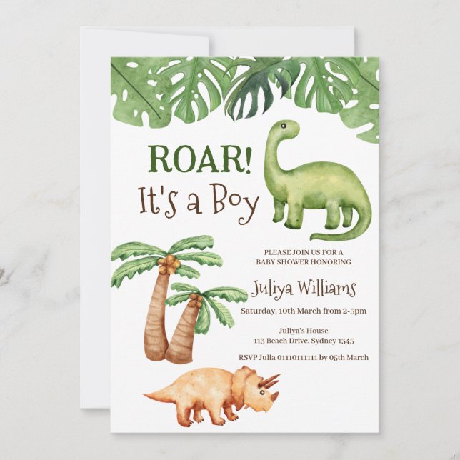 Invitación Baby Shower de dinosaurios tropicales (Anverso)