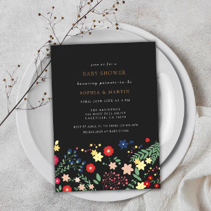 Invitación Baby Shower de diseño elegante de flor salvaje neg