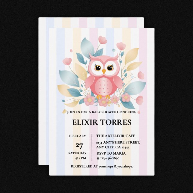 Invitación Baby Shower de diseño floral de Lechuza Rosa Cuta (Subido por el creador)
