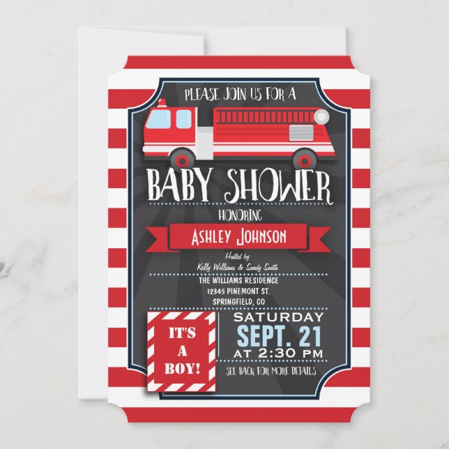 Invitación Baby Shower de divertidos, rojos y White Fire Truc (Anverso)