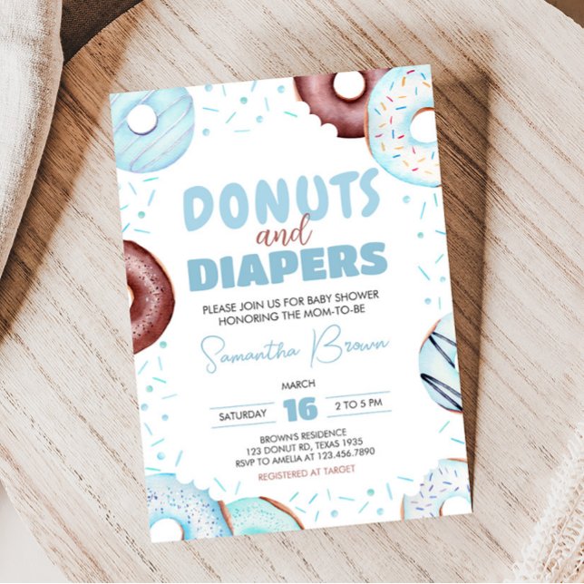 Invitación Baby Shower de donuts y pañales azules (Donuts and Diapers Baby Shower Invitation)