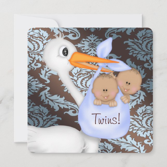 Invitación Baby Shower de dos gemelos Brown and Baby Blue Dam (Anverso)