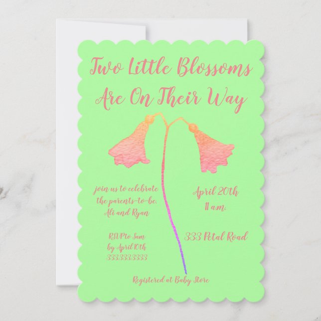 Invitación Baby Shower de dos gemelos de flores rosadas pálid (Anverso)