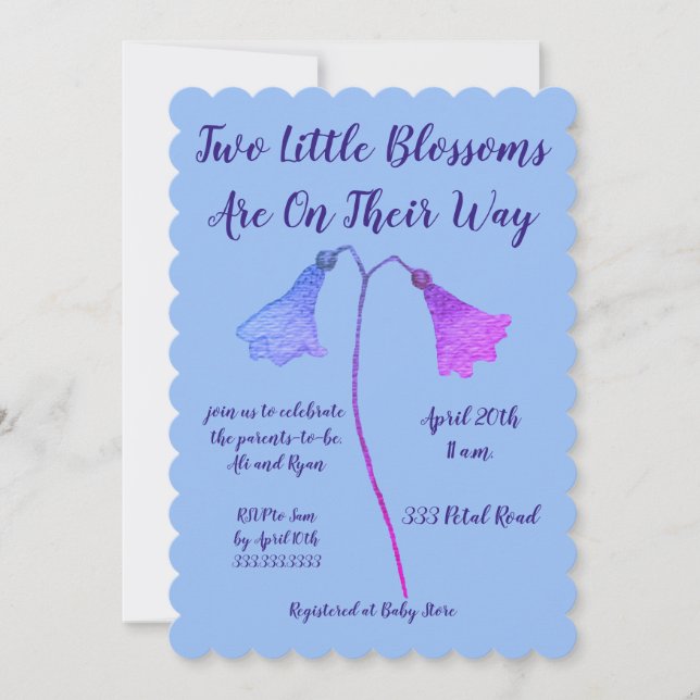 Invitación Baby Shower de dos gemelos índigo de flores (Anverso)