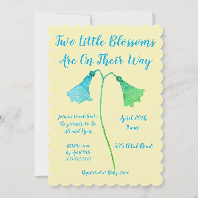 Invitación Baby Shower de dos mellizos de flores azules en fl (Anverso)