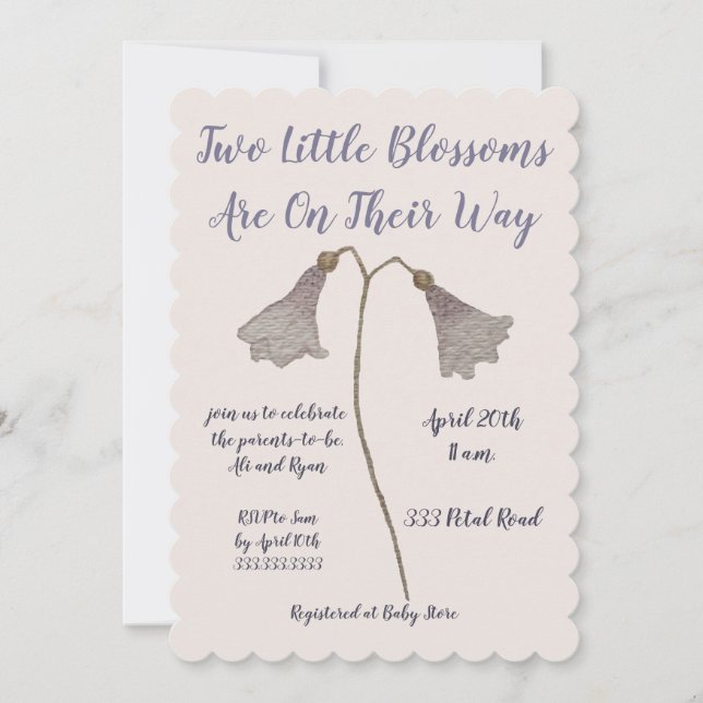 Invitación Baby Shower de dos mellizos de flores moradas (Anverso)