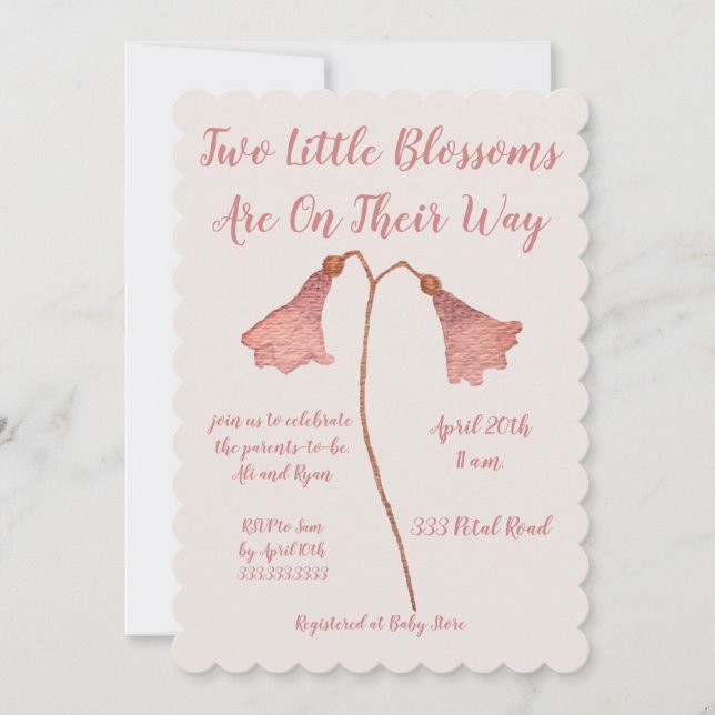 Invitación Baby Shower de dos mellizos de flores rosadas (Anverso)